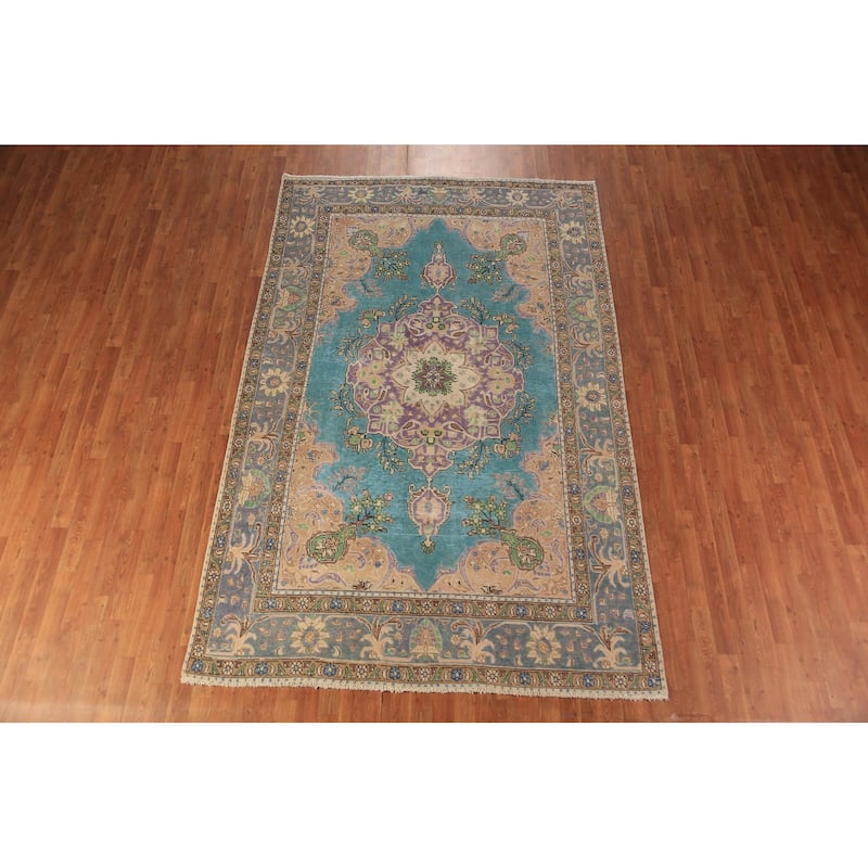 Turquoise Blue Medallion Tabriz Persian Area Rug Handmade Wool Carpet - 6'4"x 9'10"
