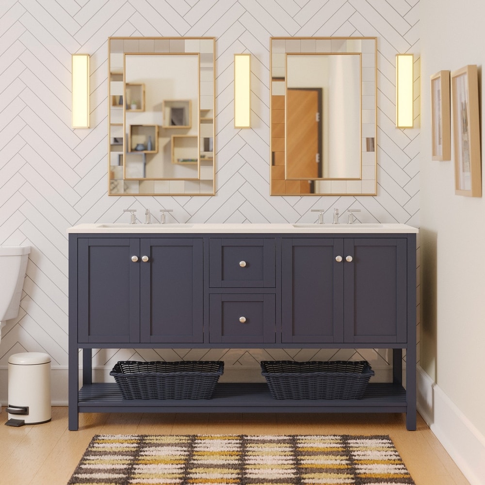 KitchenBathCollection Lakeshore 60" Double Bathroom Vanity with Engineered White Top