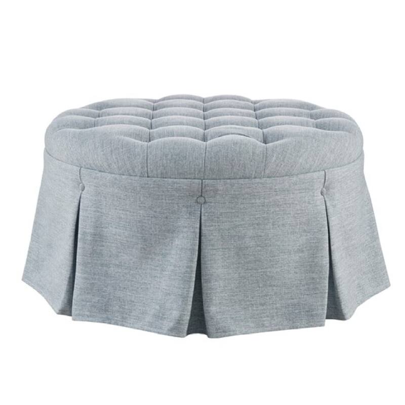 Roomfitters Skirted Tufted 32" Round Ottoman with Pleated Fabric Design, Upholstered Cocktail Ottoman for Living Room
