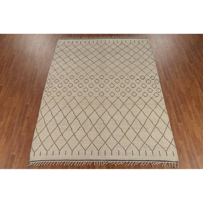 Ivory Trellis Moroccan Rug Hand-Knotted Striped Wool Carpet - 8'1"x 10'4"