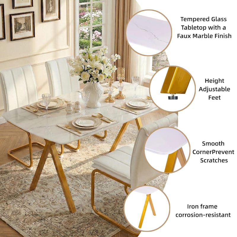 Rectangular dining table featuring a tempered glass tabletop with a marble-patterned design for restaurant dining settings