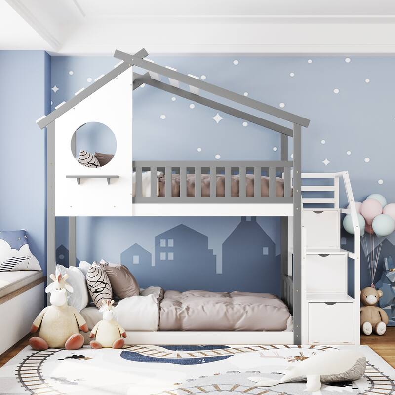 Stairway Twin-Over-Twin Bunk Bed,House Bed,Storage and Guard Rail