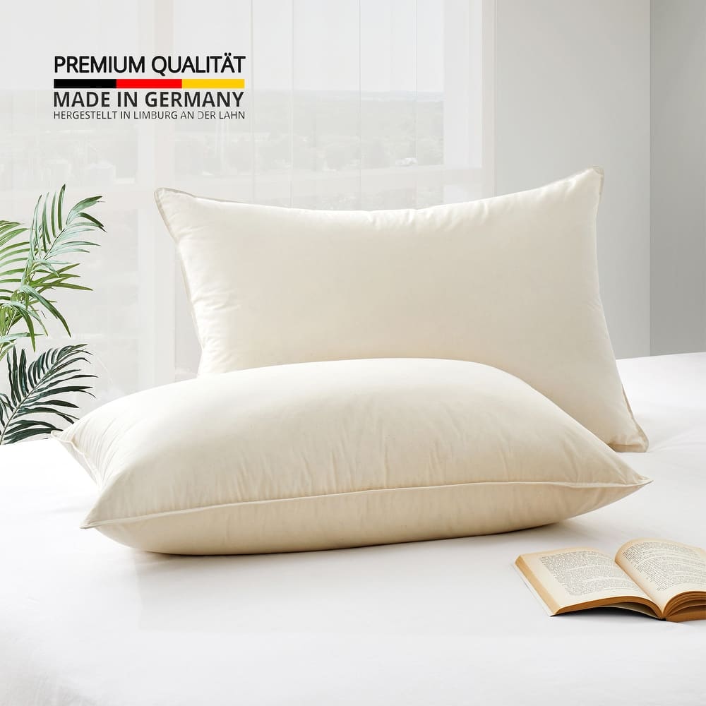Set of 2 Organic Cotton 90% Down Feather Bed Pillows Made in Germany