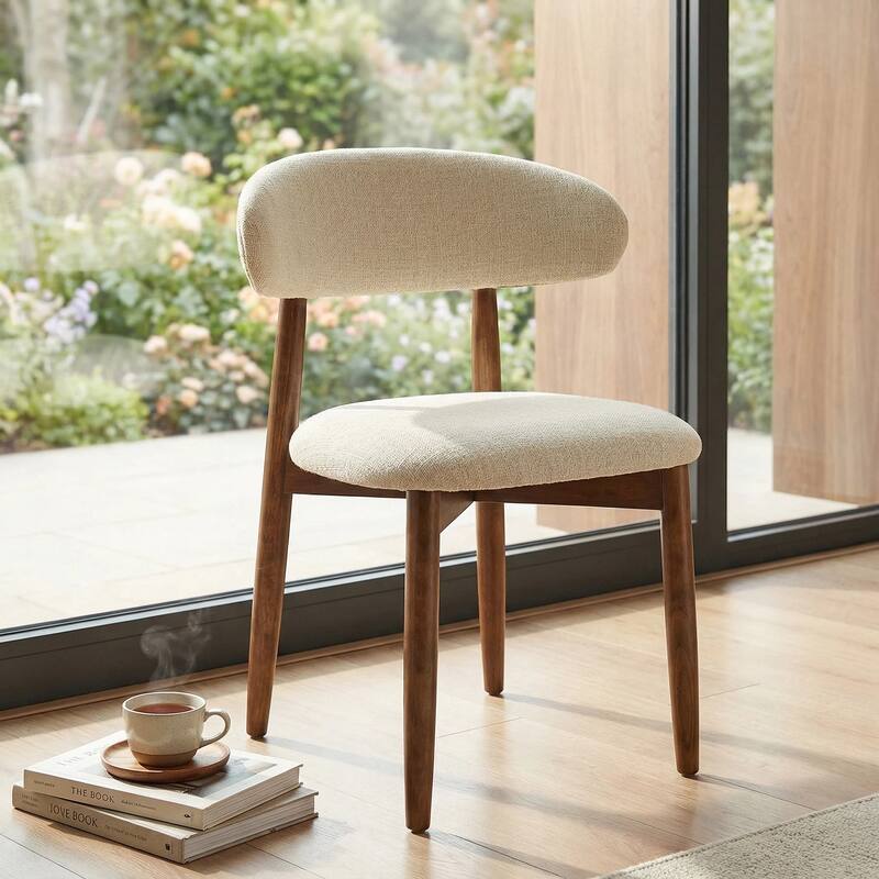 Wooden Dining Chairs Set of 2, Modern Fabric Upholstered Dining Room Chair with Curved Back, with Adjustable Foot Pads