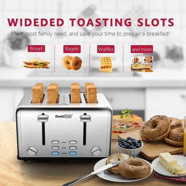 slide 2 of 6, Toaster 4 Slice, Stainless Steel Slot Toaster with Dual Control Panels