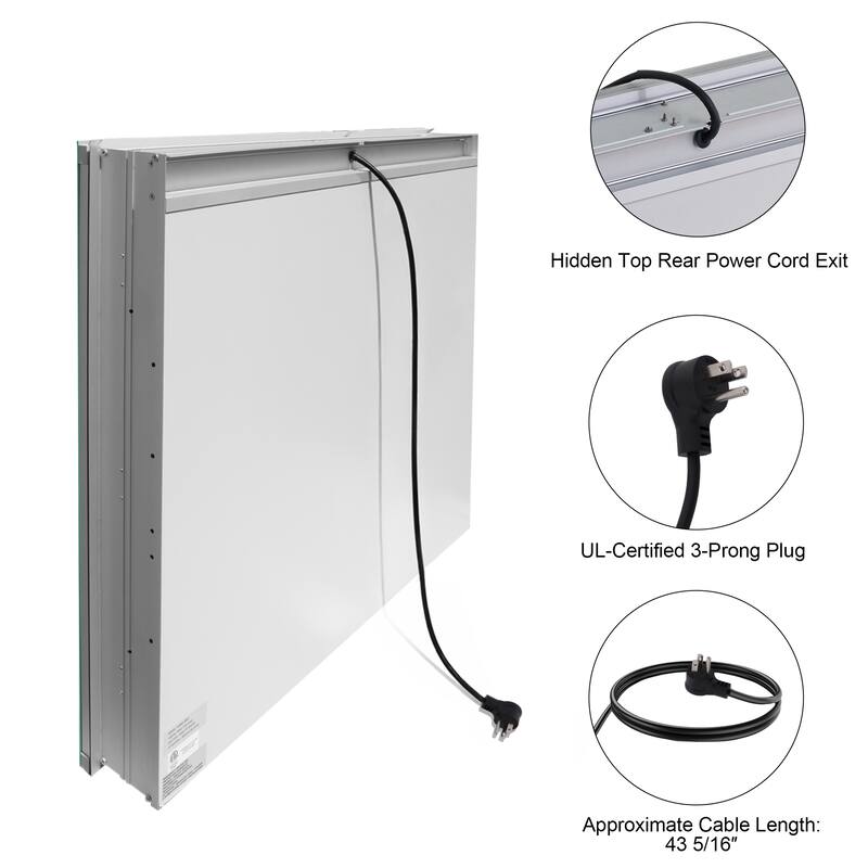 30" H Recessed or Surface LED Mirror Cabinet with Adjustable Glass Shelves,Defogger, Dimmer And Outlets & USB Ports