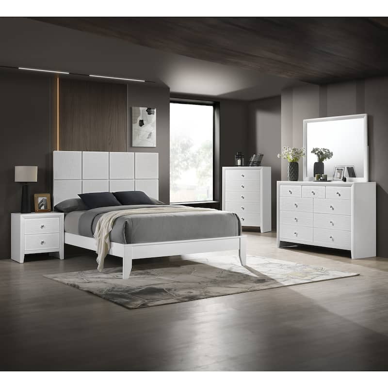 Queen Size Contemporary Bed with Geometric Headboard in Crisp White