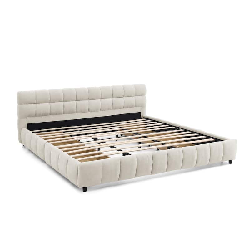 Modern Beige California King Upholstered Bed with Storage Drawers and Chenille Fabric Headboard