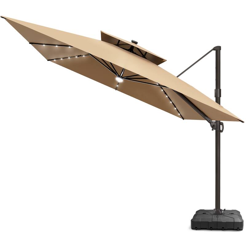 11 FT Square Outdoor Patio Cantilever Umbrella with Solar Lights All-Weather Wheeled Base Double Canopy 360 Rotation Tilt