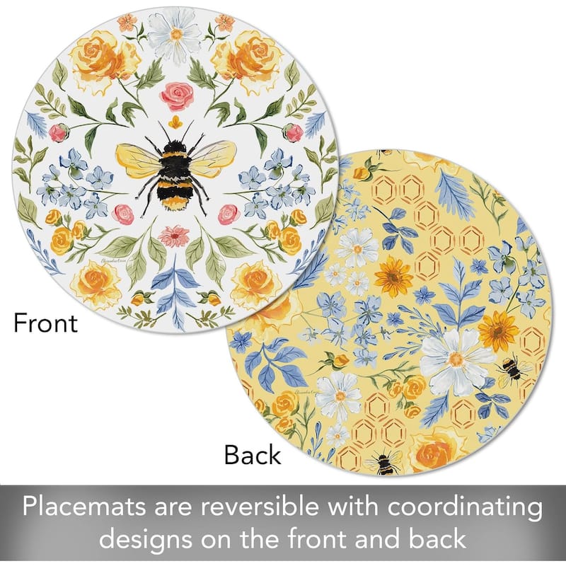 Floral Bee 4 Pack Round Reversible Easy Care Flexible Plastic Placemats Made in The USA Reversible Flexible Easily Wipes Clean