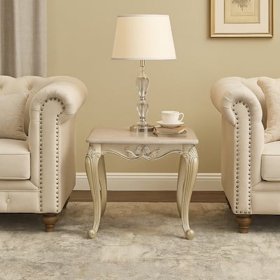 Kerra Side End Table, Beige Marble, Classic Carved Champagne 28 Inch