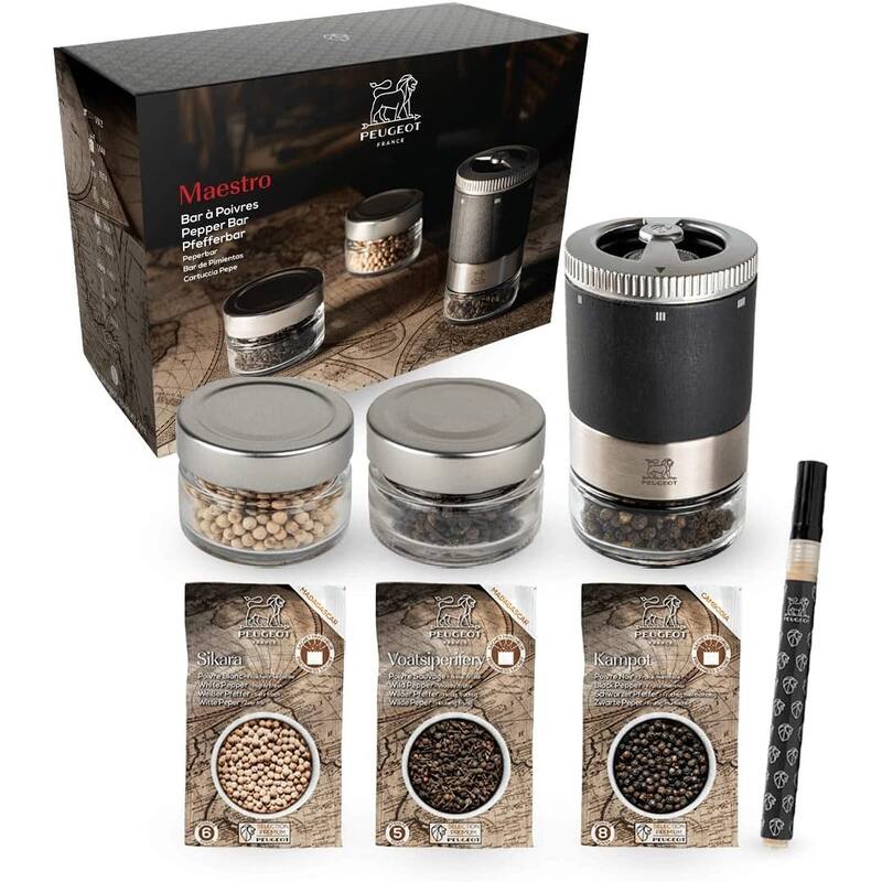 Peugeot Maestro Pepper Mill with 3 Pepper Varieties Gift Set