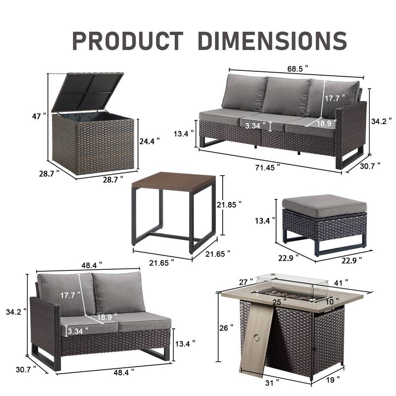 Gymojoy 7 Piece Wicker Outdoor Patio U-shaped feet Conversation Set Group , Include Fire Pit Table