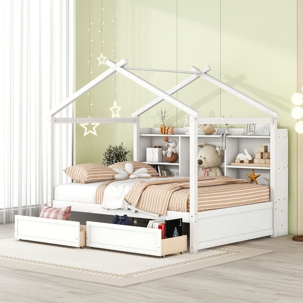 slide 2 of 25, House Bed Wood Platform Bed Frame with 6 Storage Shelves and 2 Drawers, House-Shaped Kids Bed for Boys & Girls, Full White - Full