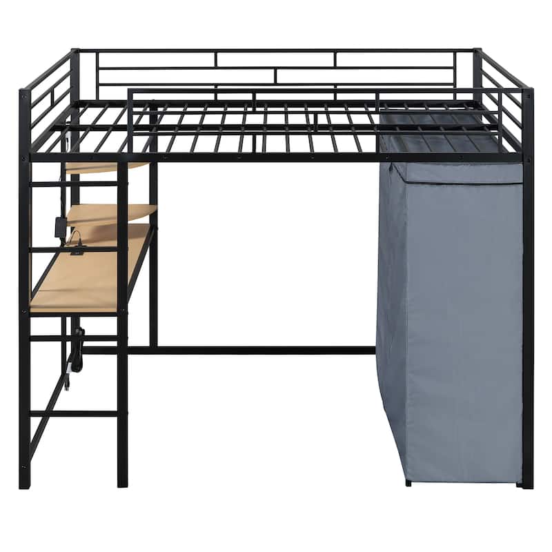 Full Size Loft Metal Bed with Desk, Shelves, Power Outlet, LED Light and Wardrobe, White