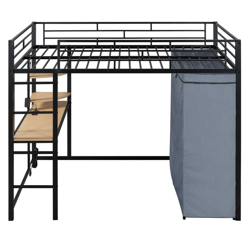Full Size Metal Loft Bed with Built-in Desk, Wardrobe & Power Outlet - 350LB Capacity