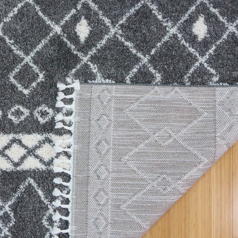 Gertmenian Limmet Clara Moroccan Bohemian Charcoal Grey/Ivory Plush Fringe Shag Area Rug