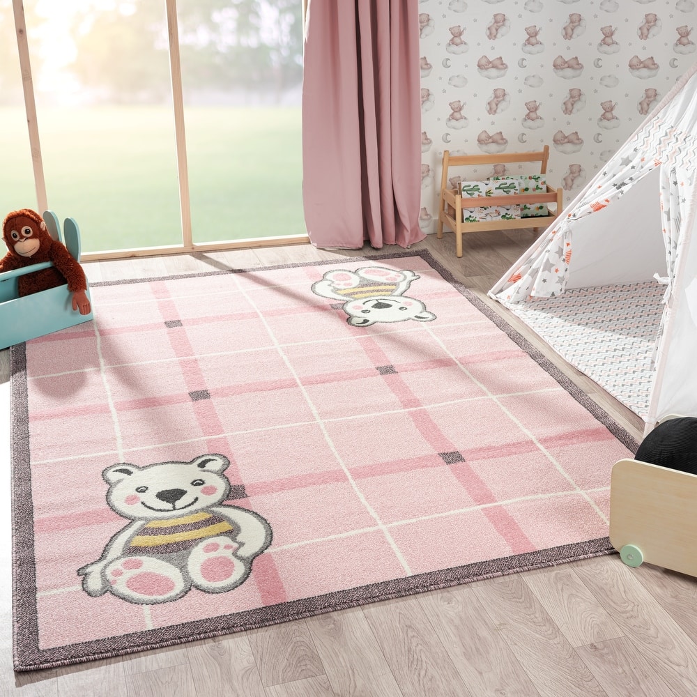 Kids Teddy Bear Plaid Area Rug