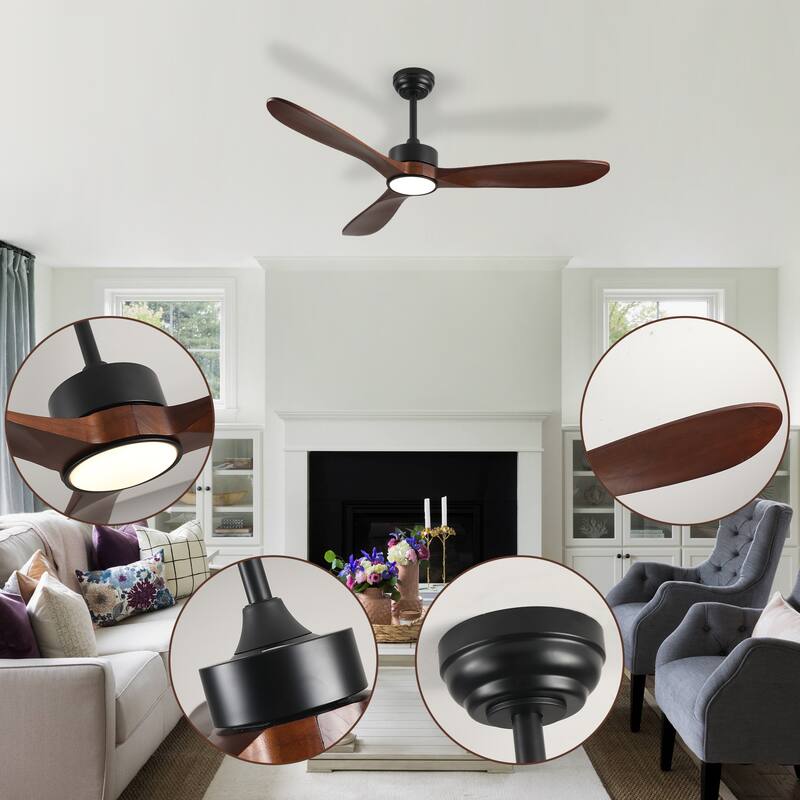 52 Inch Ceiling Fan with Light, 3 Solid Wood Blades,Remote Control,6-speed Reversible DC Motor - Black,Walnut