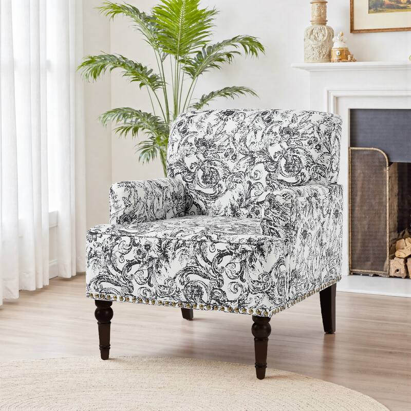 Linen Upholstered Armchair Nailhead Trim Accent Chair - SINGLE - ROCOCO BLACK