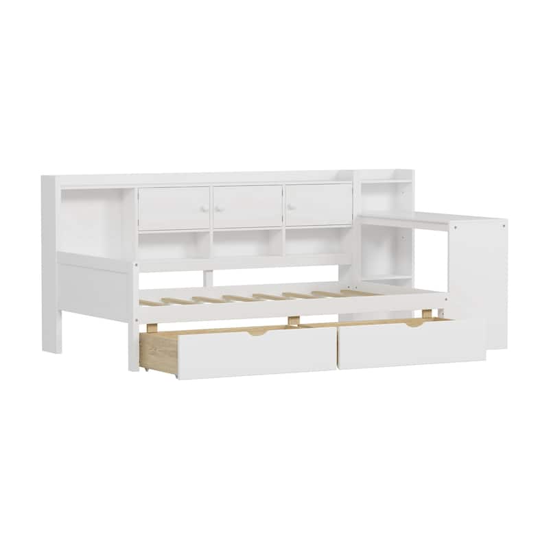 Wooden Daybed with Seven Storage Cabinets and Two Storage Drawers, Multi-functional Bed with Study Desk