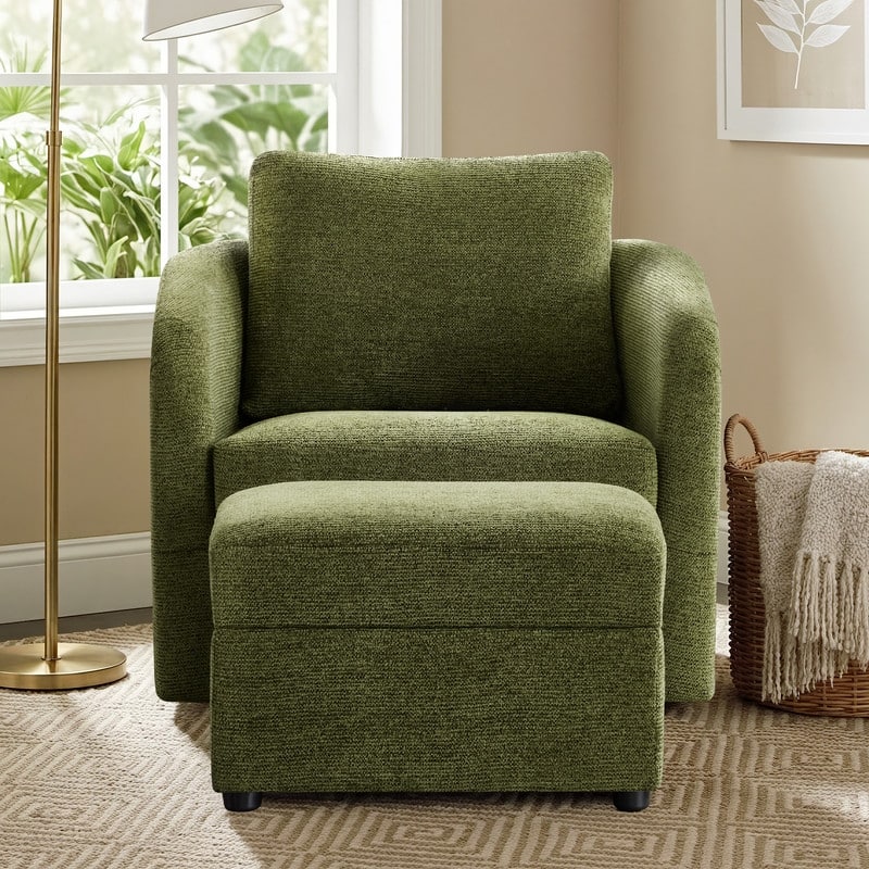 Spruce & Spring Modern Upholstered Swivel Barrel Accent Chair with Ottoman & Removable Slipcover