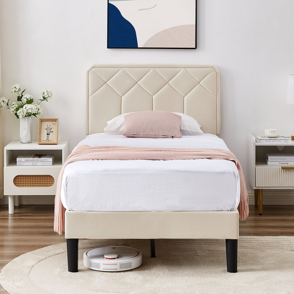 VECELO Upholstered Beige Bed Frame with Adjustable Height Headboard Twin/Full/Queen Size No Box Spring Needed Platform Bed