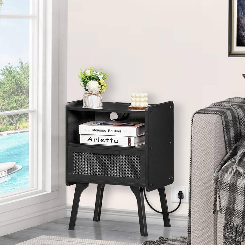 Rattan Nightstand with Charging Station,Side Table with Drawer Open Shelf,Cane Bedside End Table with Solid Wood Legs