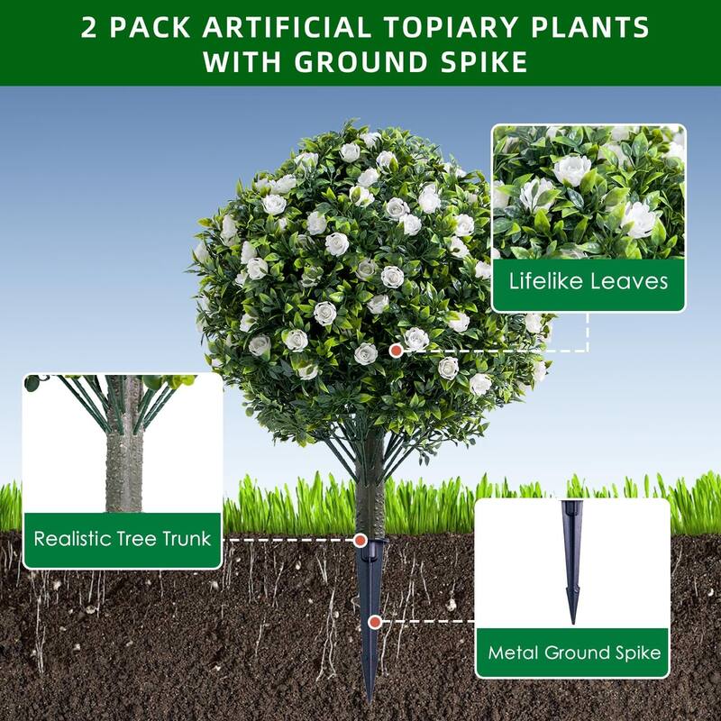 23.6" Artificial Topiary Ball Trees with Rose Flowers Set of 2