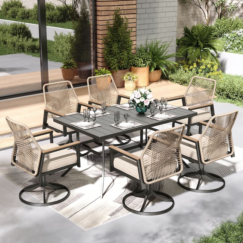 MAISON ARTS 7 Pieces Outdoor Patio Dining Set with Dining Table and Cushioned Woven Rattan Dining Chairs - Swivel Chair