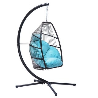Wicker Folding Hanging Chair,Patio Rattan Swing Hammock Egg Chair with C Type Bracket,Cushion and Pillow