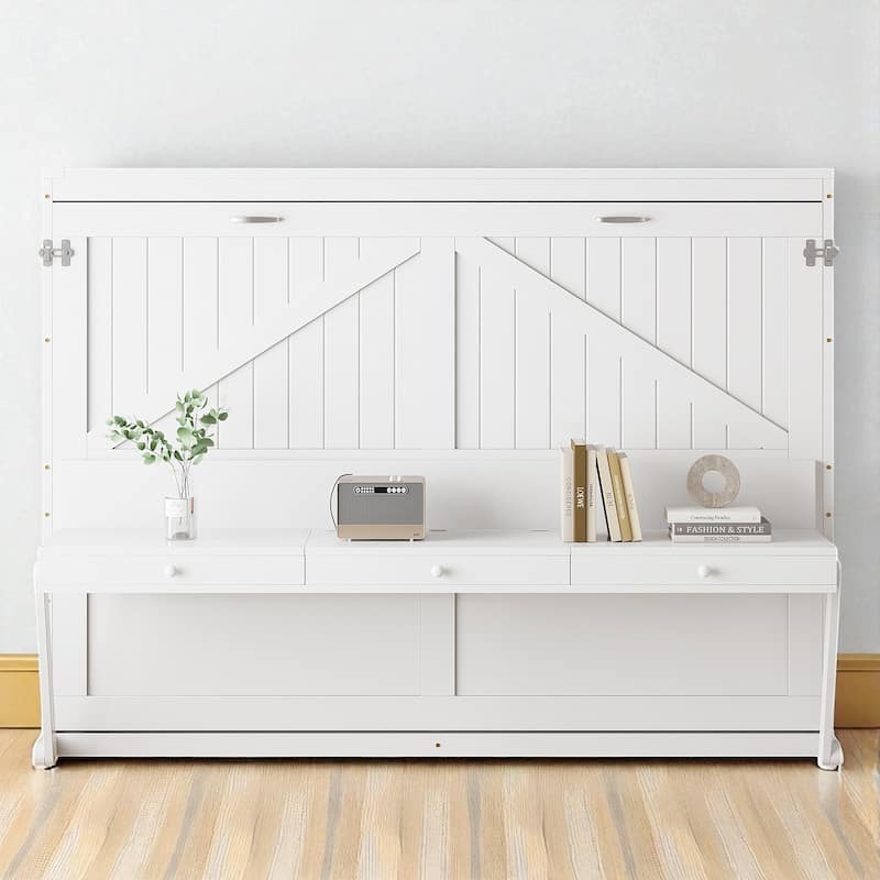 Queen Size Murphy Wall Bed with Storage, Foldable Cabinet Bed with Vanity Desk, Mirror & 2 Drawers