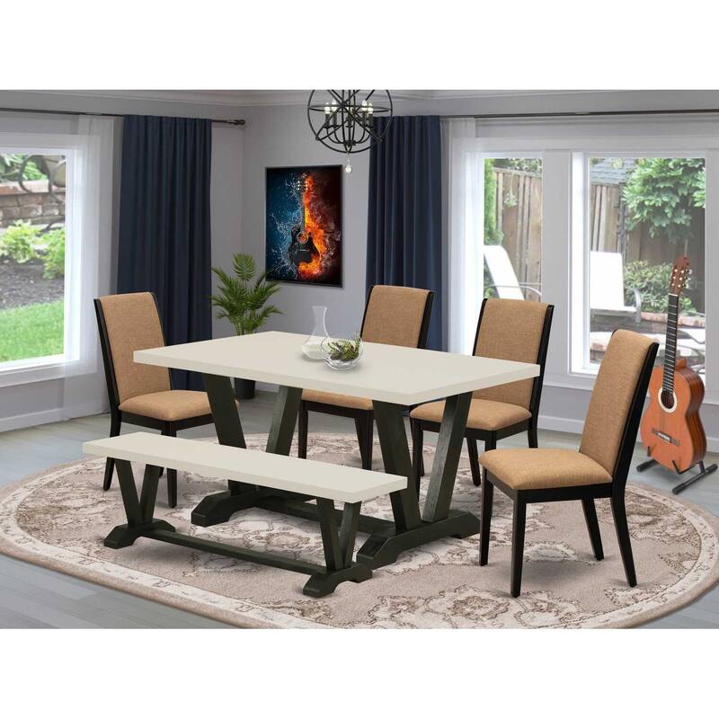 HomeStock 6-Piece Rectangle Natural Oak Finish Solid Wood Top Dining Table with 1-Bench, 4-Chairs