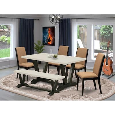 HomeStock 6-Piece Rectangle Natural Oak Finish Solid Wood Top Dining Table with 1-Bench, 4-Chairs