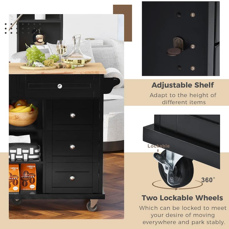 Kitchen Island with on Locking Wheels, Rolling Cart with Rubber Wood Desktop, Mobile Island with 3 Open Shelves & 5 Drawers