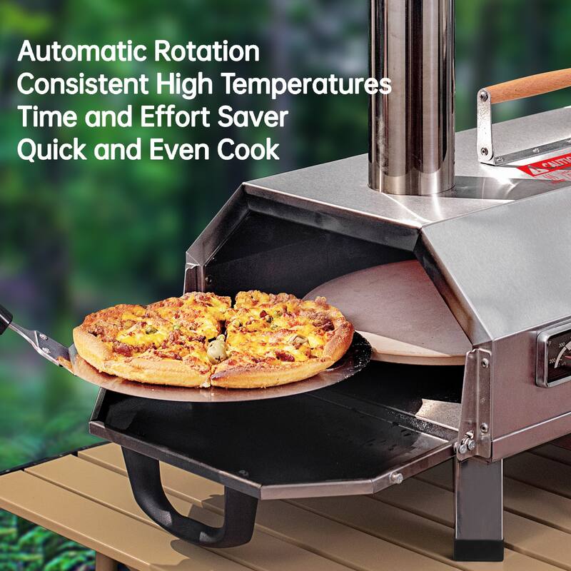 Outdoor Portable Automatic Rotatable Wood Fired Pizza Ovens,with Timer,Built-in Thermometer,Pizza Cutter & Carry Bag