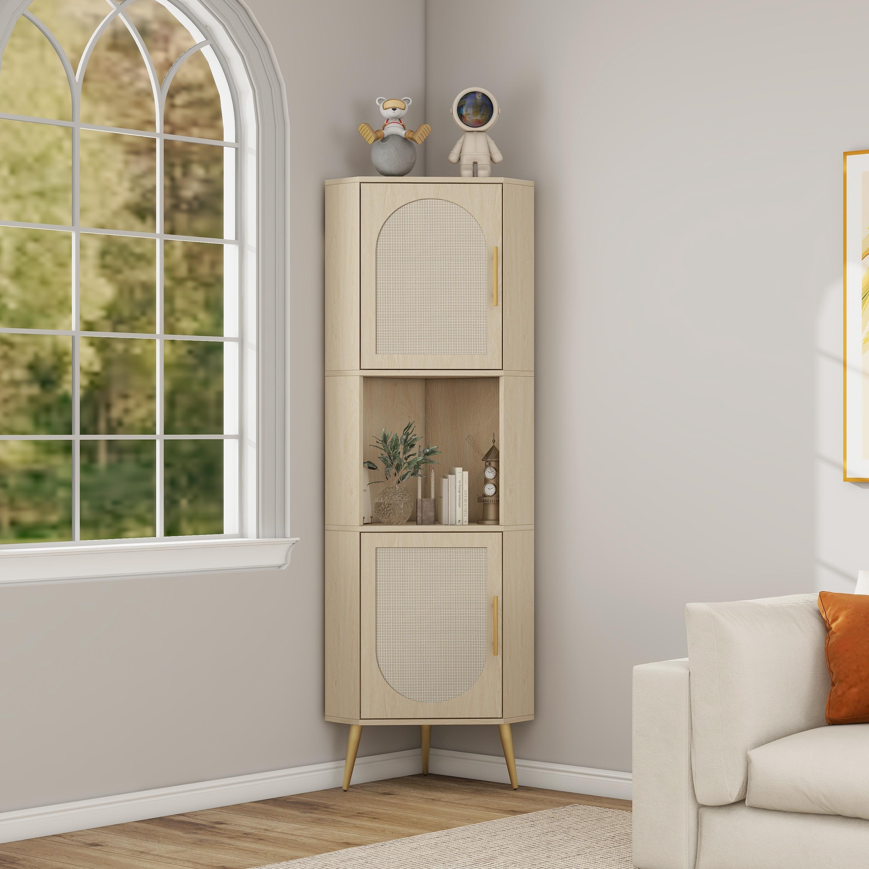 Freestanding Corner Cabinet with Rattan Doors Adjustable Shelves for Small Spaces in Living Room Kitchen Bathroom Bedroom On Sale Bed Bath Beyond 40967027
