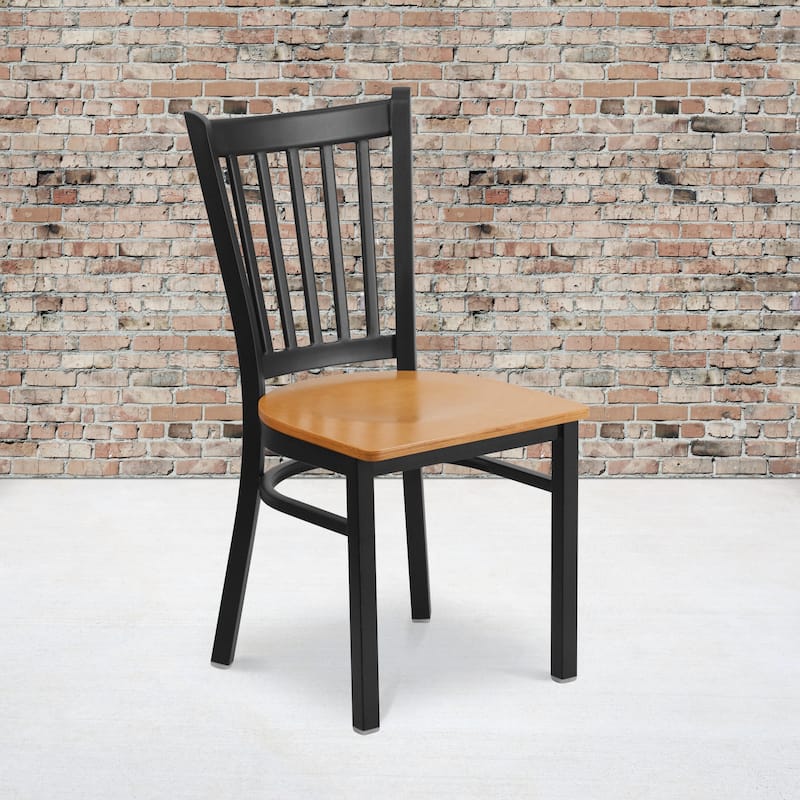 2 Pack Vertical Back Metal Restaurant Chair - 17"W x 20.25"D x 34.25"H - natural wood seat/black metal frame