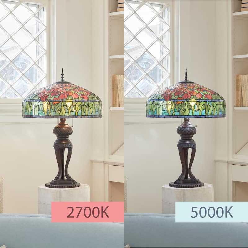 Tulip River of Goods Tiffany-Inspired Red and Green Stained Glass 33.25-Inch Table Lamp - 22" x 22" x 33.25"