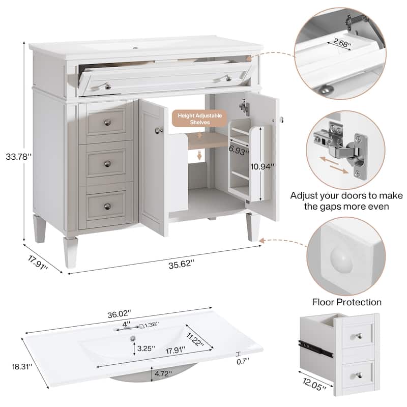 36" Bathroom Vanity with Sink, Modern Bathroom Sink Cabinet with 4 Drawers & 2 Doors, Solid Wood Frame