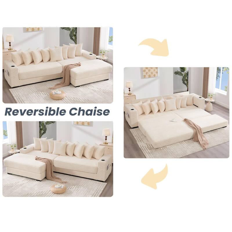 110.75" Corduroy Sectional Sofa, Convertible Sleeper Sofa Bed L-Shaped Upholstered Couch with Removable Footstool, Cup Holder