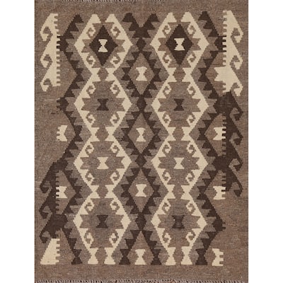 Brown Kilim Accent Rug Flatweave Geometric Wool Carpet - 3'5"x 4'5"