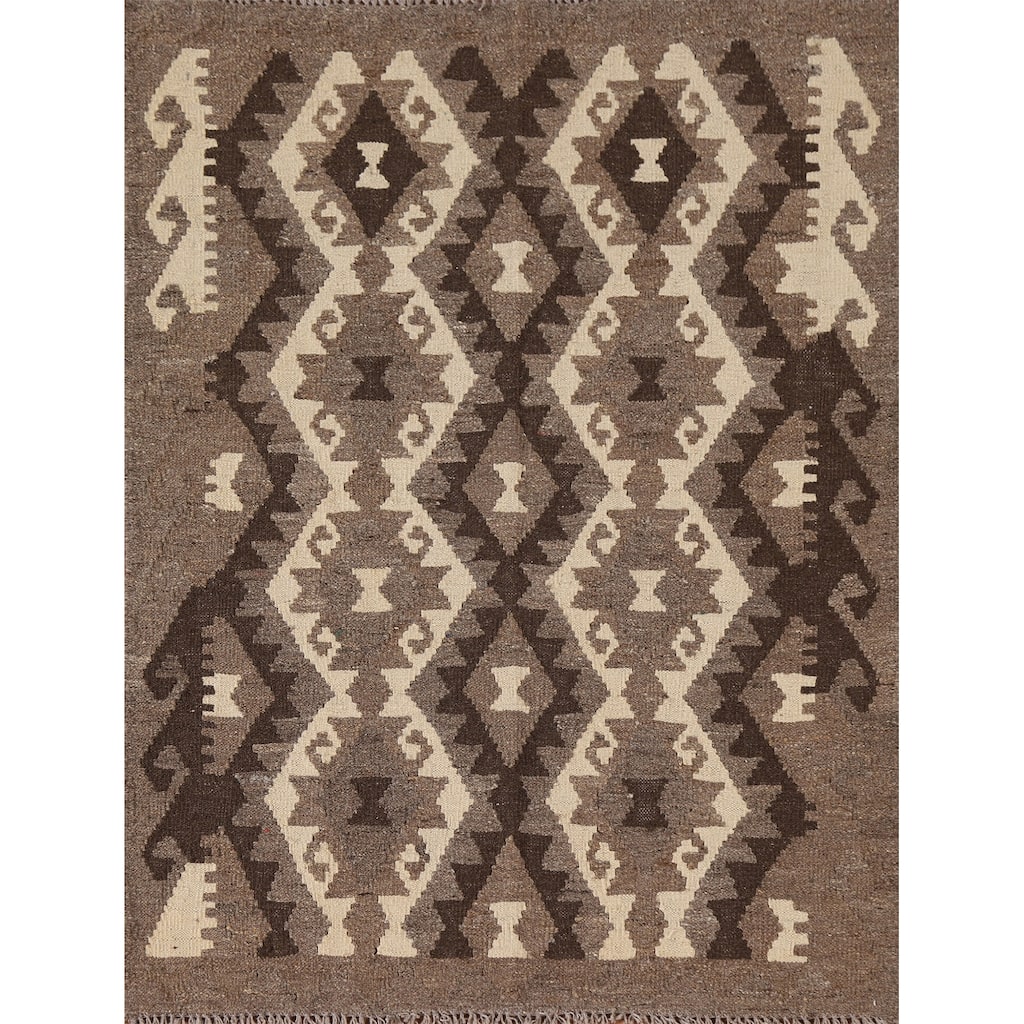 Brown Kilim Accent Rug Flatweave Geometric Wool Carpet - 3'5"x 4'5"