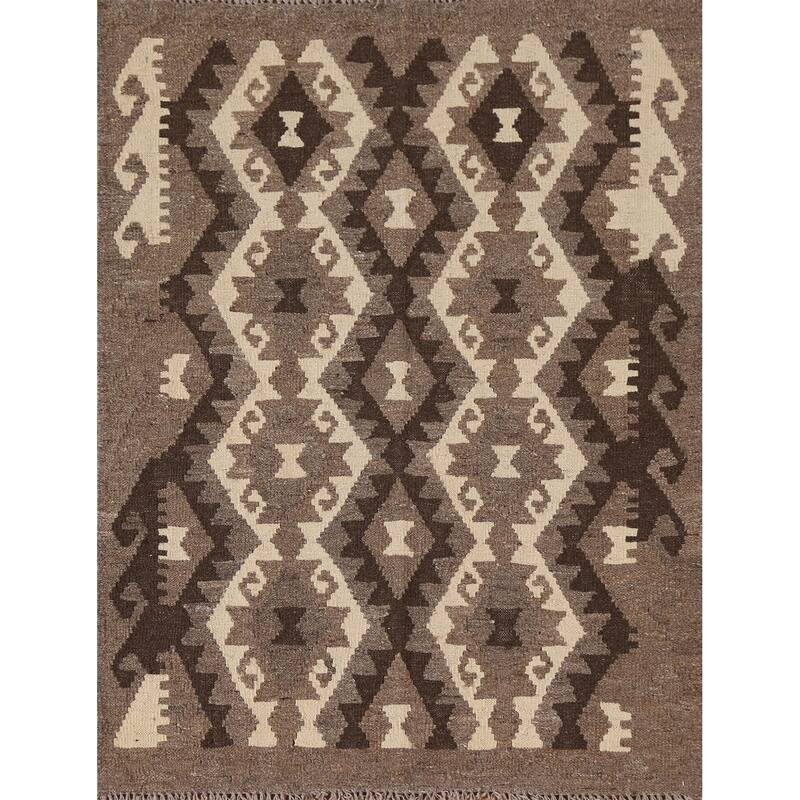 Brown Kilim Accent Rug Flatweave Geometric Wool Carpet - 3'5"x 4'5"