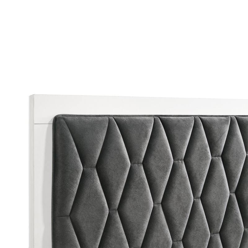 Upholstered Panel Bed with Tufting Headboard in White and Dark Grey