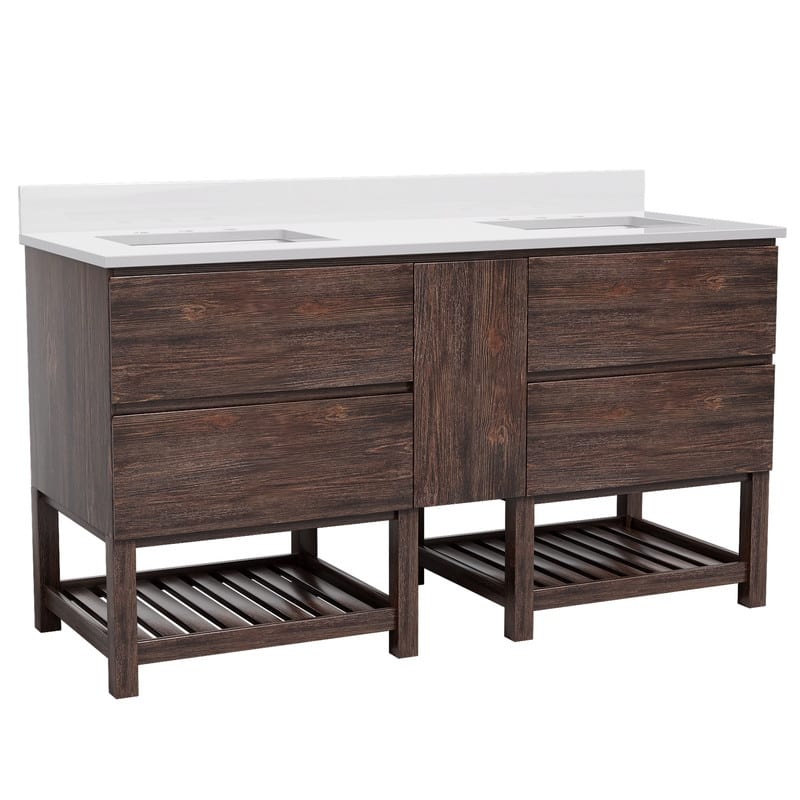 60-Inch Antique Style Solid Wood and MDF Double Sink Bathroom Vanity with Storage