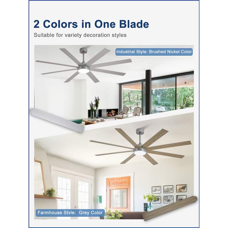 Large Ceiling Fan with Light - 8-Blade, Remote App Control, Dimmable 3CCT, Quiet DC Motor​, 66/72 Inches
