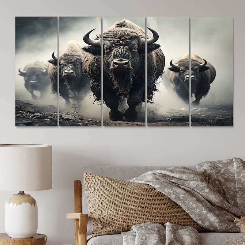 Designart "Grey Buffalo Gentle Guardians I" Animals Multipanel Wall Art Print set - 60 In. Wide X 28 In. High - 5 Panels Equal Panels
