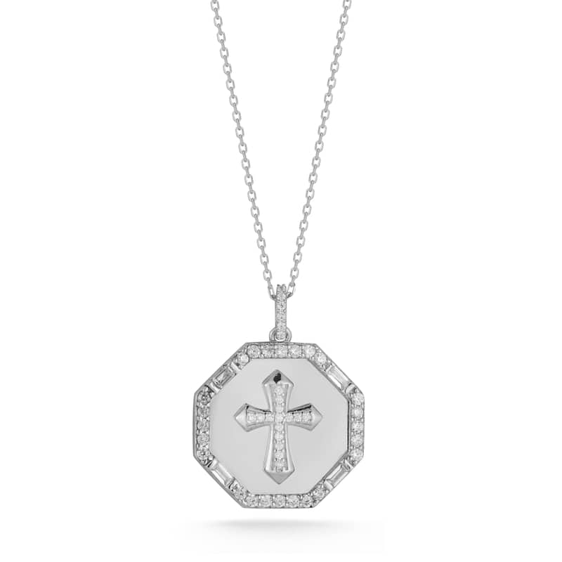 Soleil Sterling Silver CZ Octagon Cross Pendant Necklace - White