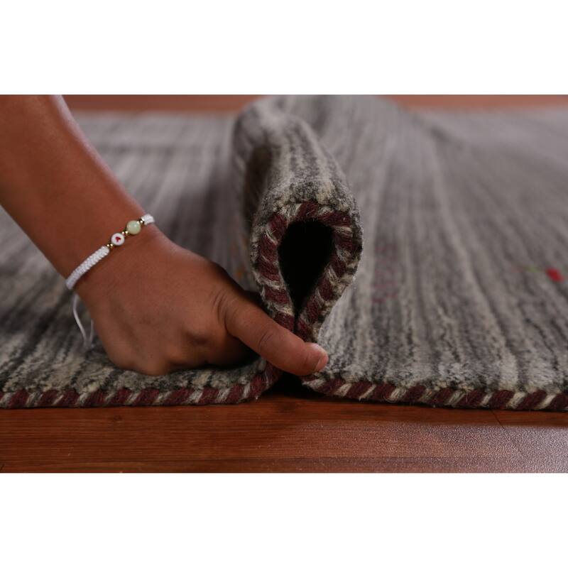 Hand Knotted Oriental 100% Wool Carpet Tribal Stripe Greys & Charcoal Gabbeh Area Rug - 9' 9'' X 8' 1''